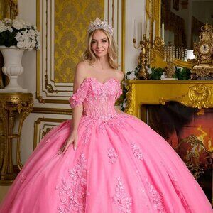 New Long Formal Off Shoulder Floral Applique Embellished Tulle Ball Gown GL3635